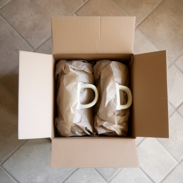 Opened delivery box with stoneware mugs inside on a home floor