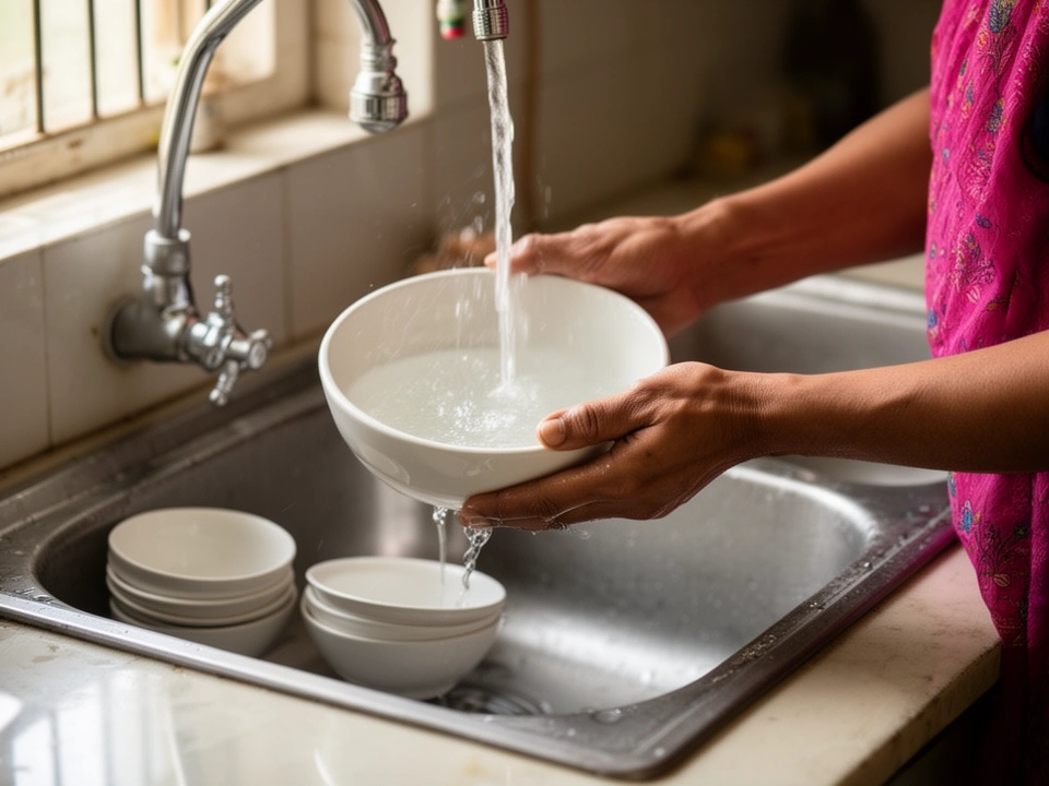 Stoneware bowls and katoris being washed in a kitchen sink