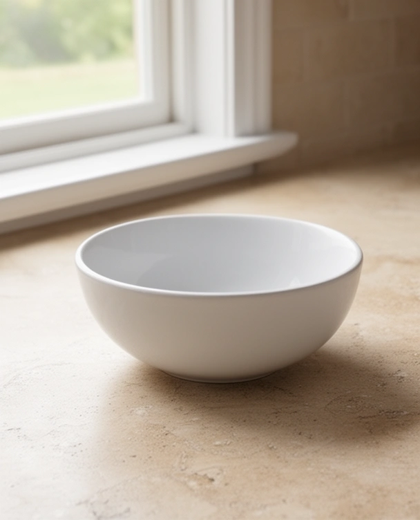 Empty white glazed soup and dal bowl on a kitchen counter