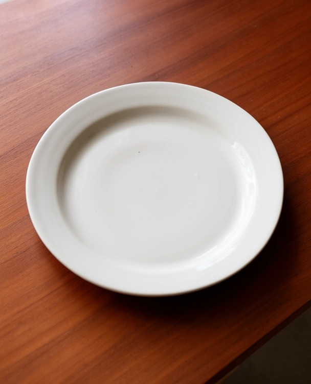 Empty white glazed stoneware dinner plate on a wooden table