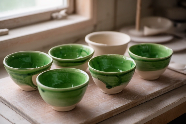 Bowls drying on a wooden board after being dipped in green glaze