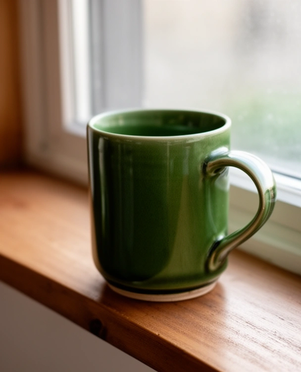 Empty green glazed stoneware mug on a windowsill