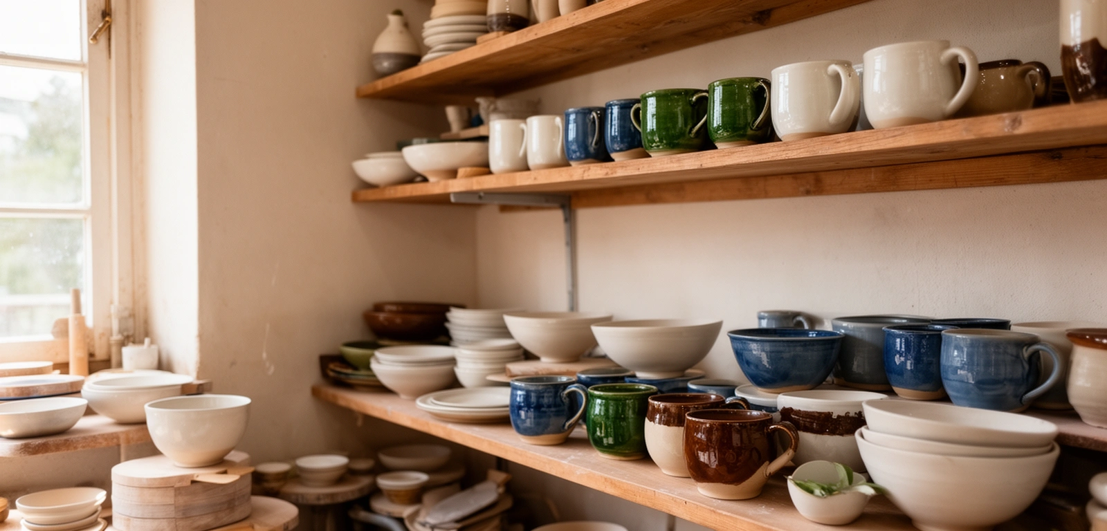 Wooden shelves with finished plates and mugs in a small home workshop