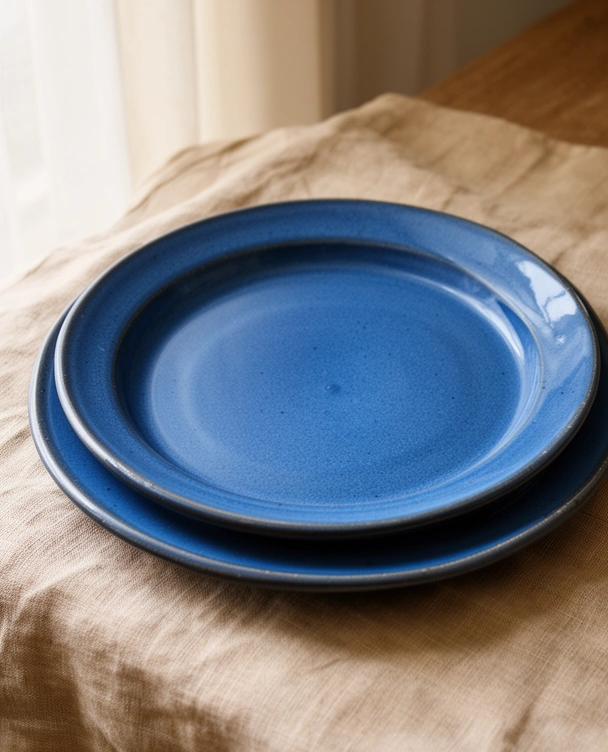 Two blue glazed quarter plates stacked on a linen cloth