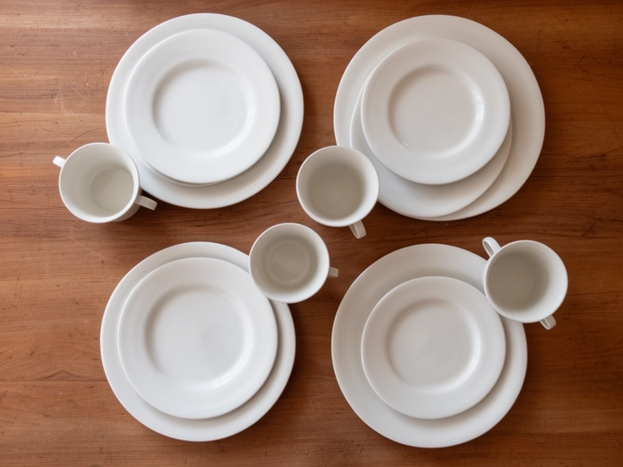 Empty white glazed dinner set for four on a wooden table