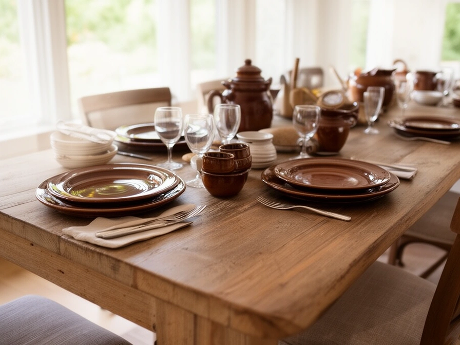 Dinner set for six in brown glaze on a long table