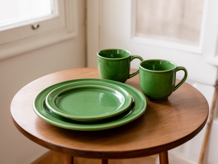 Dinner set for two in green glaze on a small table