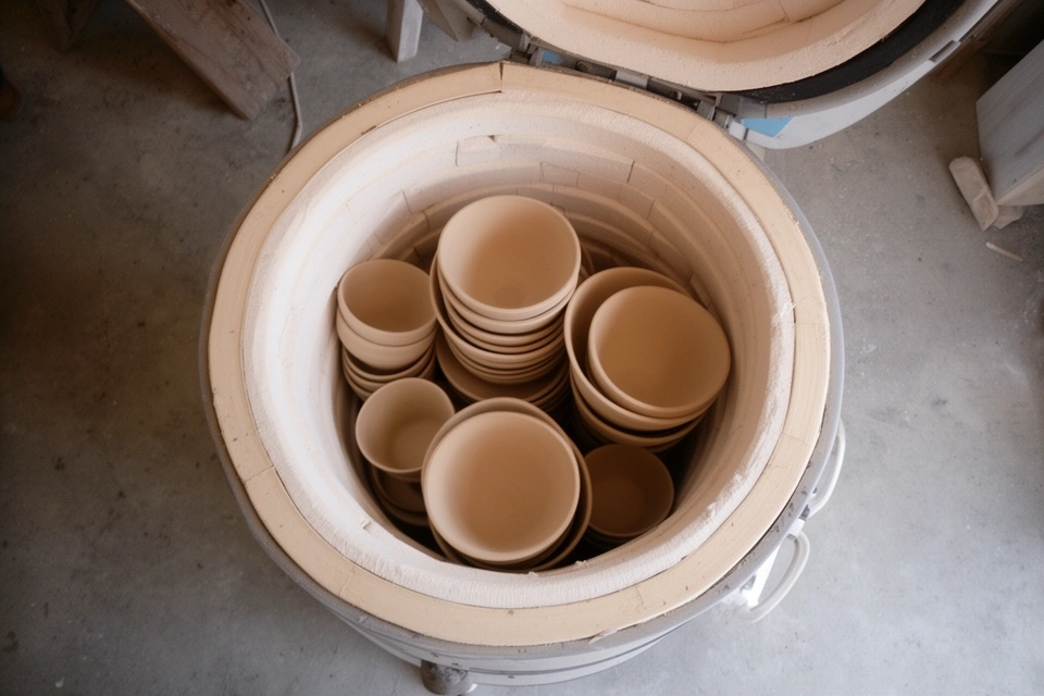 Small electric kiln with shelves of unglazed bowls in a home workshop
