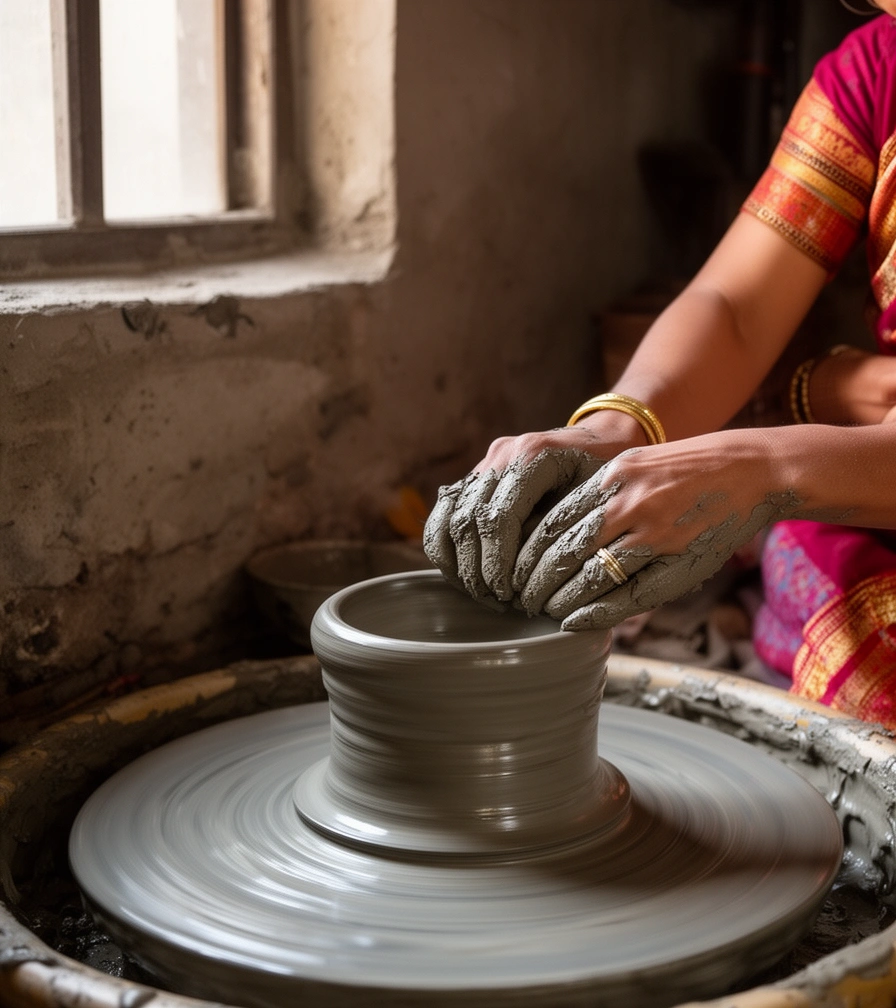 Hands shaping a bowl on a potter's wheel in a small home workshop
