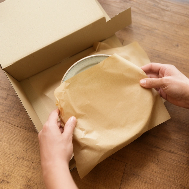 Plates wrapped one by one in paper next to a cardboard box